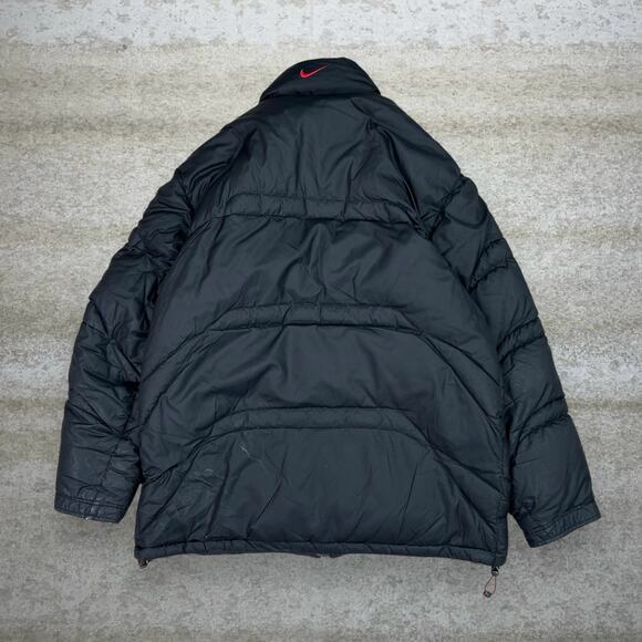 Vintage Nike Puffer Jacket Jet Black Polyester Red Swoosh Insulated Full Zip 90s - Picture 3 of 7